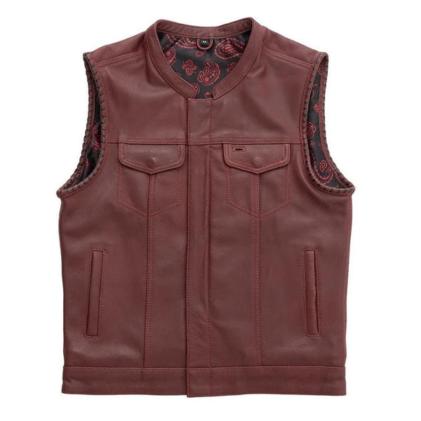 Leather Vest ,Men's Hunt Club OX Blood Diamond Quilted Red Paisley Leather Build Denim Style Ride Motorcycle Vest