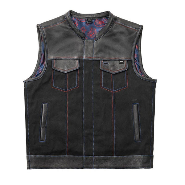 Denim Vest Red Blue Paisley Biker Vest, Hunt Club Leather Builder Diamond Quilted Custom Biker Vest, leather Vest