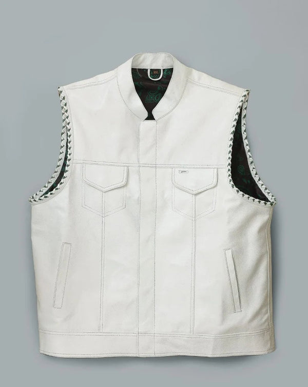 Hand Made White Hampton Leather Biker Club MC Green Paisley Arms Braided Motorcycle Rider Men's Vest