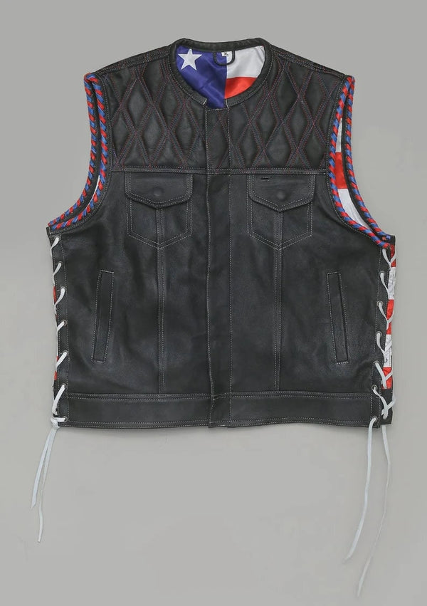 Hand Made USA Captian America Side lases Diamond Quilted leather Biker Motorcycle Rider MC Men Vest